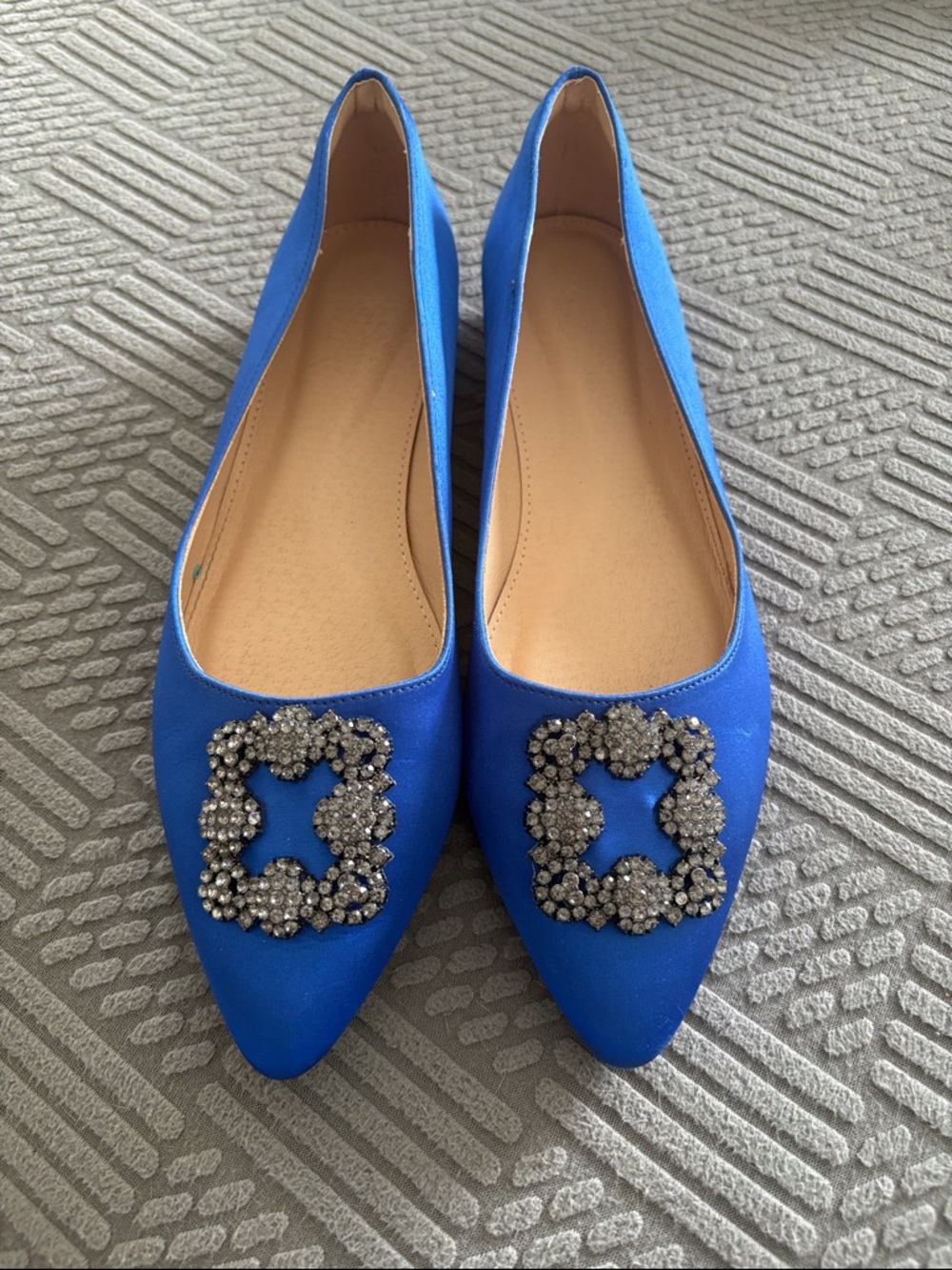 Amazon Royal Blue Pointed-Toe Flats with Rhinestone Brooch